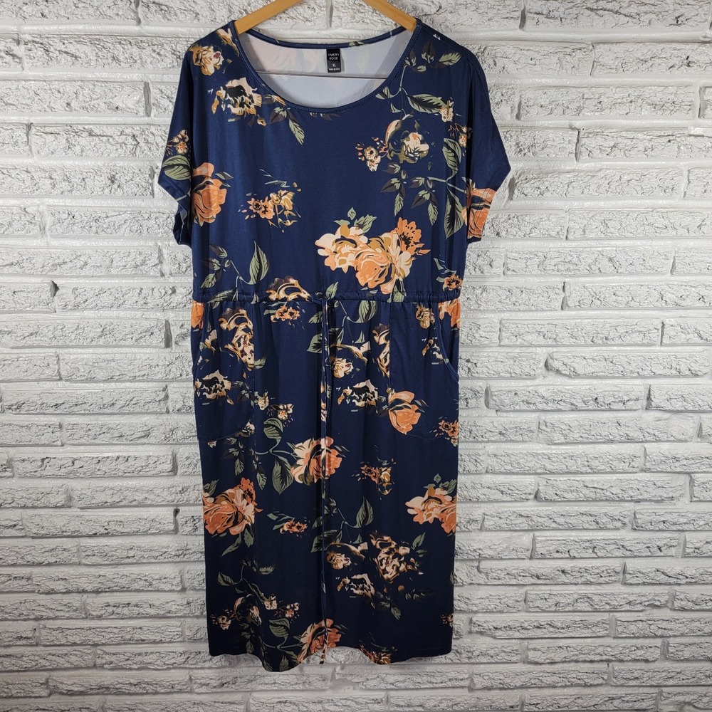 Emery Rose XL Floral Dress Knee Length Belted Sash Pockets Short Sleeve Casual